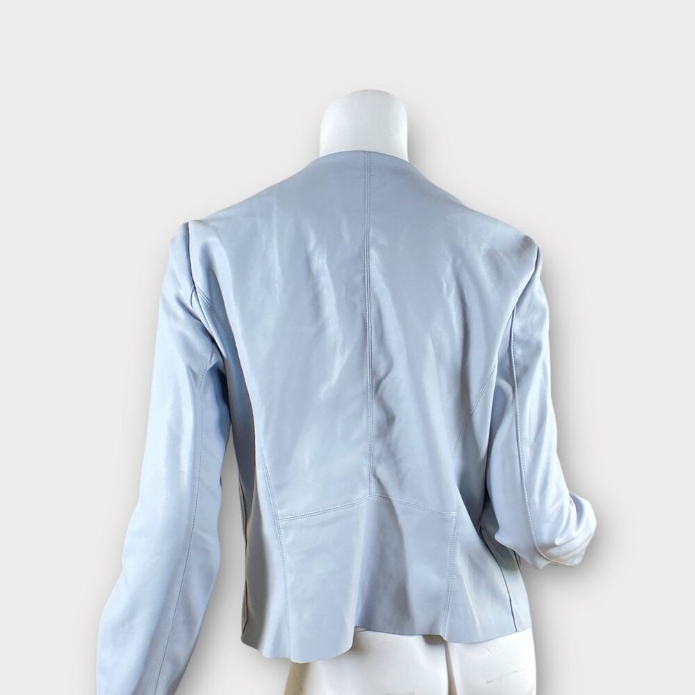 NWT BAGATELLE Light Blue Gray Faux Leather Draped Open Front Jacket, size Small - Picture 5 of 9